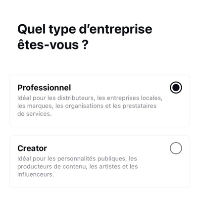 Interface Instagram proposant de choisir entre un compte Créateur ou un compte Entreprise (Business) pour finaliser la configuration du profil professionnel.