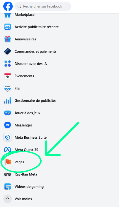 Capture d'écran du menu latéral gauche de Facebook sur ordinateur : localisation du bouton Pages pour commencer la création d'une page professionnelle.