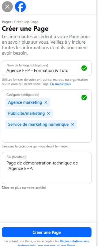 Interface de création Facebook : exemple de remplissage des champs Nom de la Page, Catégorie et Bio pour une agence digitale