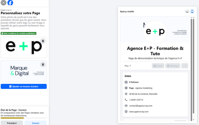 Interface de personnalisation visuelle d'une Page Facebook : importation du logo en photo de profil et de la bannière en photo de couverture.