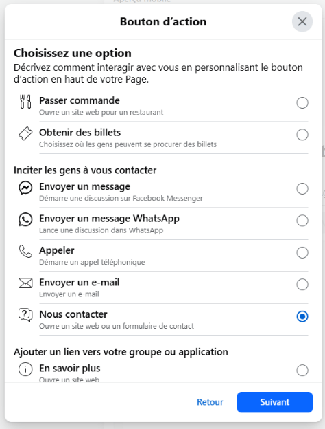 Menu de sélection du bouton d'action sur une Page Facebook professionnelle.