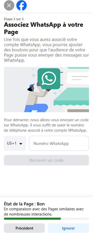 Fenêtre d'association WhatsApp sur Facebook : écran de saisie du numéro de téléphone pour lier un compte WhatsApp Business à la Page.