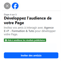Interface Facebook permettant d'inviter des amis à aimer une nouvelle Page Entreprise pour développer sa première audience.
