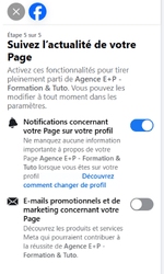 Écran de configuration des notifications d'une nouvelle Page Facebook : options pour activer les alertes sur le profil et désactiver les e-mails marketing.