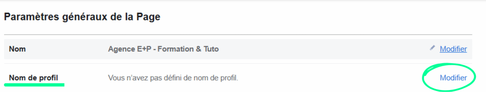 Paramètres généraux d'une Page Facebook pour modifier son nom d'utilisateur (identifiant @) pour créer une URL personnalisée et professionnelle