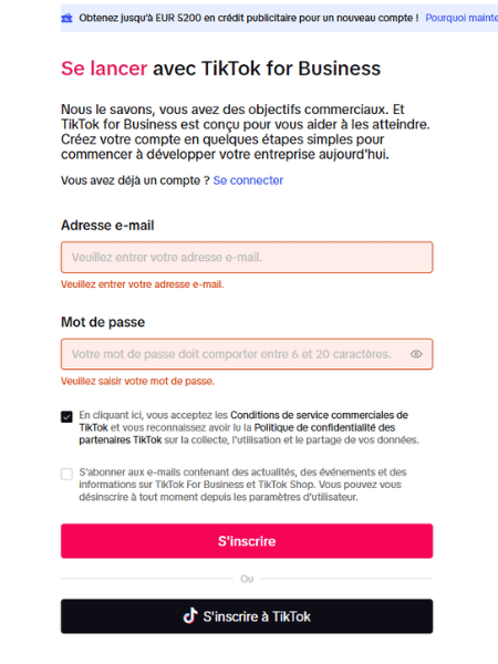 Interface d'inscription TikTok For Business : formulaire de création de compte pour rejoindre le Business Center et accéder à la facturation.