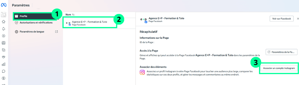 Dans le menu des paramètres de la Meta Business Suite, l'onglet Profils permet d'accéder à l'option pour associer un compte Instagram à la Page Facebook.