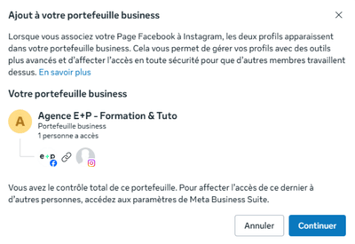 Fenêtre de confirmation finale indiquant que le compte Instagram professionnel sera associé au Portefeuille Business Meta (Business Manager) pour finaliser la liaison.