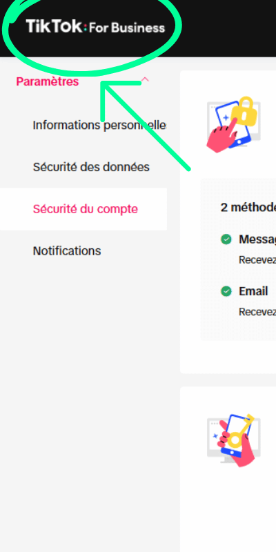 L'utilisateur doit cliquer sur le logo TikTok en haut à gauche pour quitter les paramètres de profil et revenir au menu principal du Business Center.