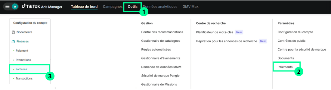 Le menu Outils du gestionnaire de publicités permet de sélectionner l'onglet Paiements pour accéder à l'historique des factures