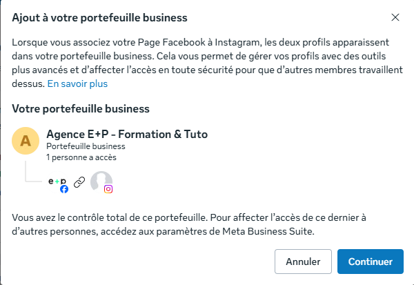 Capture d'écran d'une fenêtre pop-up dans Meta Business Suite, affichant un message de confirmation : "Création automatique du Portefeuille Business" après la liaison réussie entre une Page Facebook et un compte Instagram professionnel.