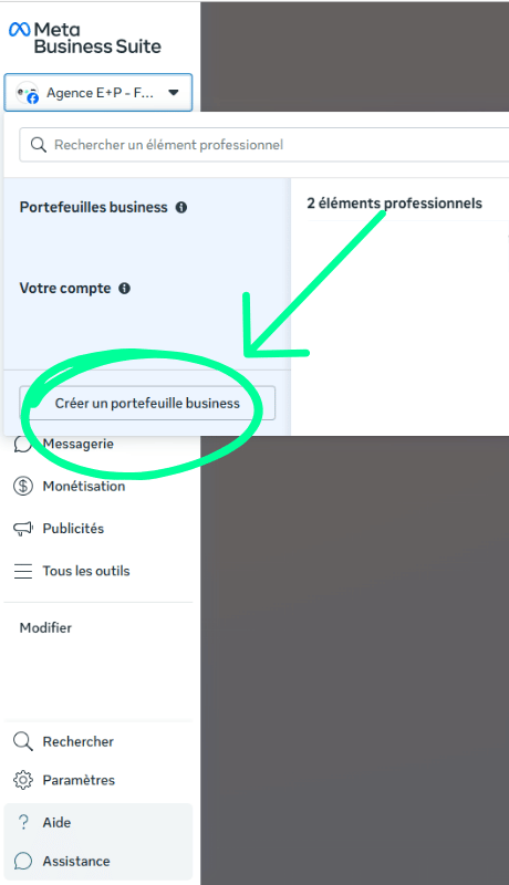 Capture d'écran de l'interface Meta Business Suite montrant le menu déroulant de la barre latérale gauche avec le bouton pour "Créer un portefeuille business".